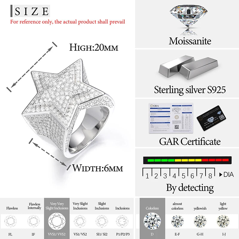 Fine Jewelry With Certificate Moissanite Star Rings For Men Sterling Silver