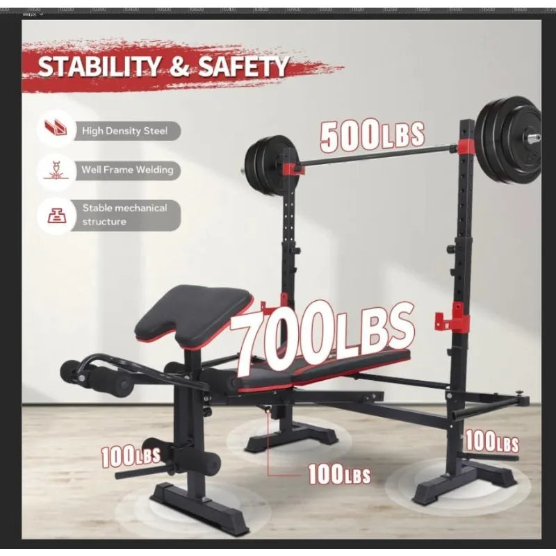 6 in 1 , 1500 lb Weight Bench, leg Extension, Leg Curl, Foldable Bench Press, with Preacher Curl & Squat Rack