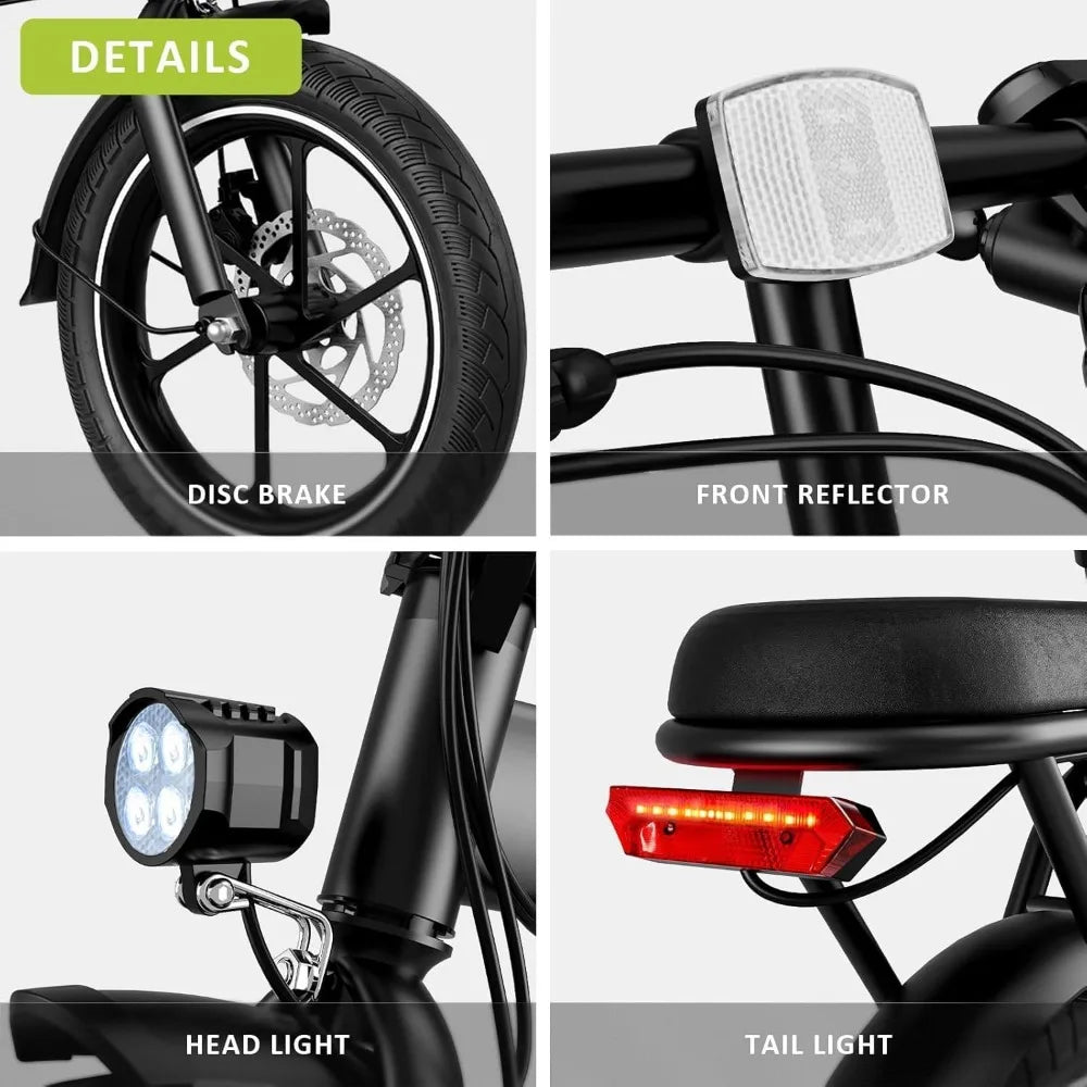 Adult e-bike, folding e-bike, dual disc brakes, 35 miles of range, suspension, removable battery, Commuter e-bike
