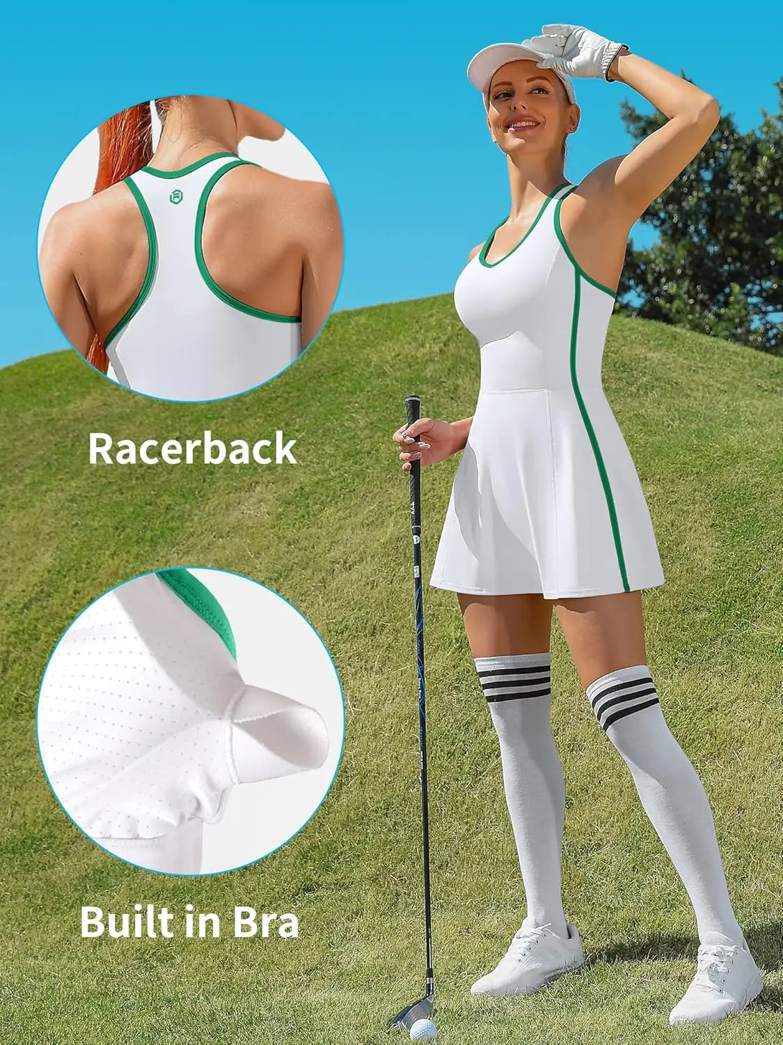 Womens Sleeveless One Piece Tennis Dress,VNeck Racer Back, Built in Bra