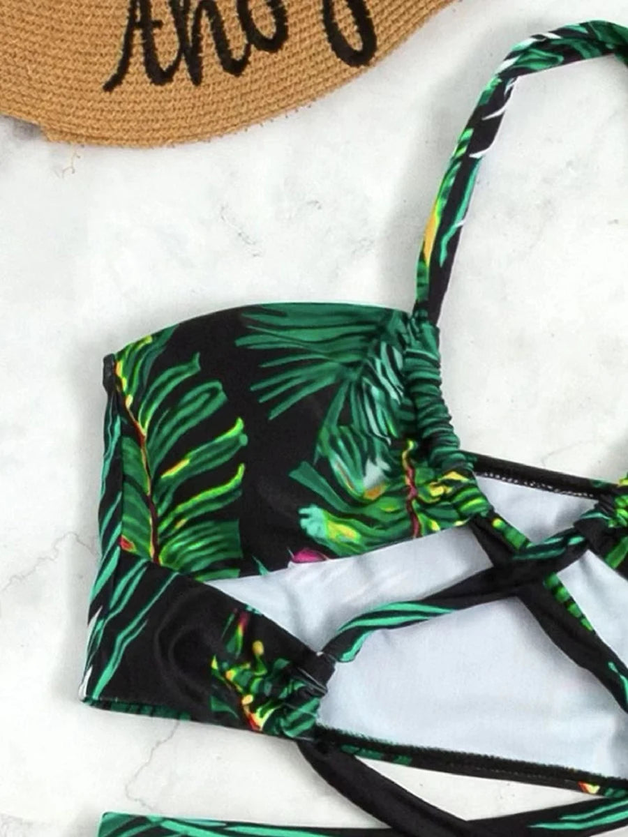 Womens Sexy 3 Piece Swimsuit and Beach Dress, Halter Cross Bikini Hollow, Padded Swimsuit