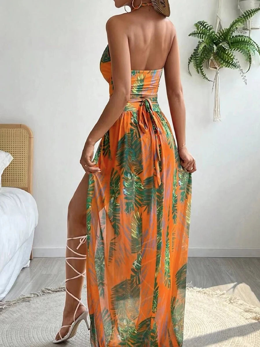Womens Sexy 3 Piece Swimsuit and Beach Dress, Halter Cross Bikini Hollow, Padded Swimsuit