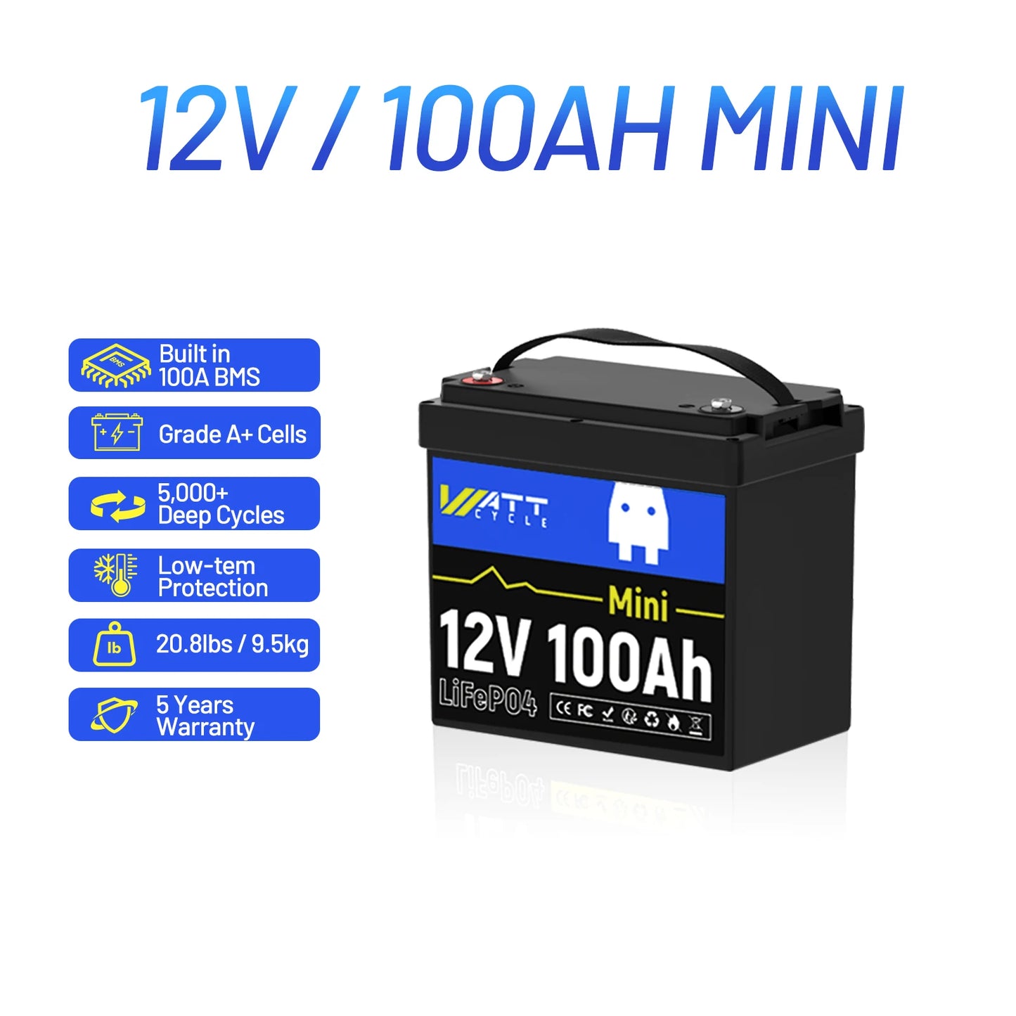 Wattcycle LiFePO4 Battery Packs 12V 100Ah / 200Ah / 300Ah Lithium Iron Phosphate For RV Car Campers Solar Golf Carts Marine, etc