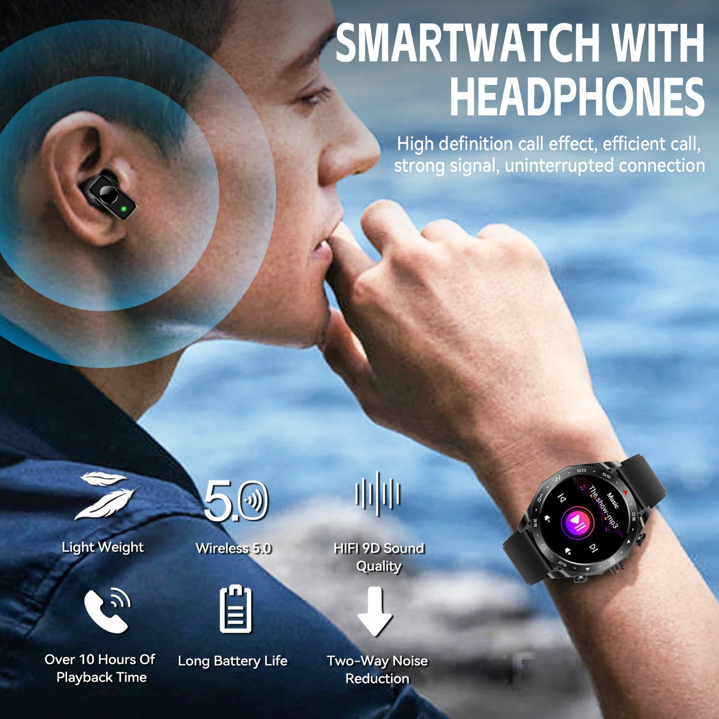 New Mens Smart Watch with Earbuds Inside, with 100+ Sport Modes, Sport Records, Waterproof with iPhone and Android