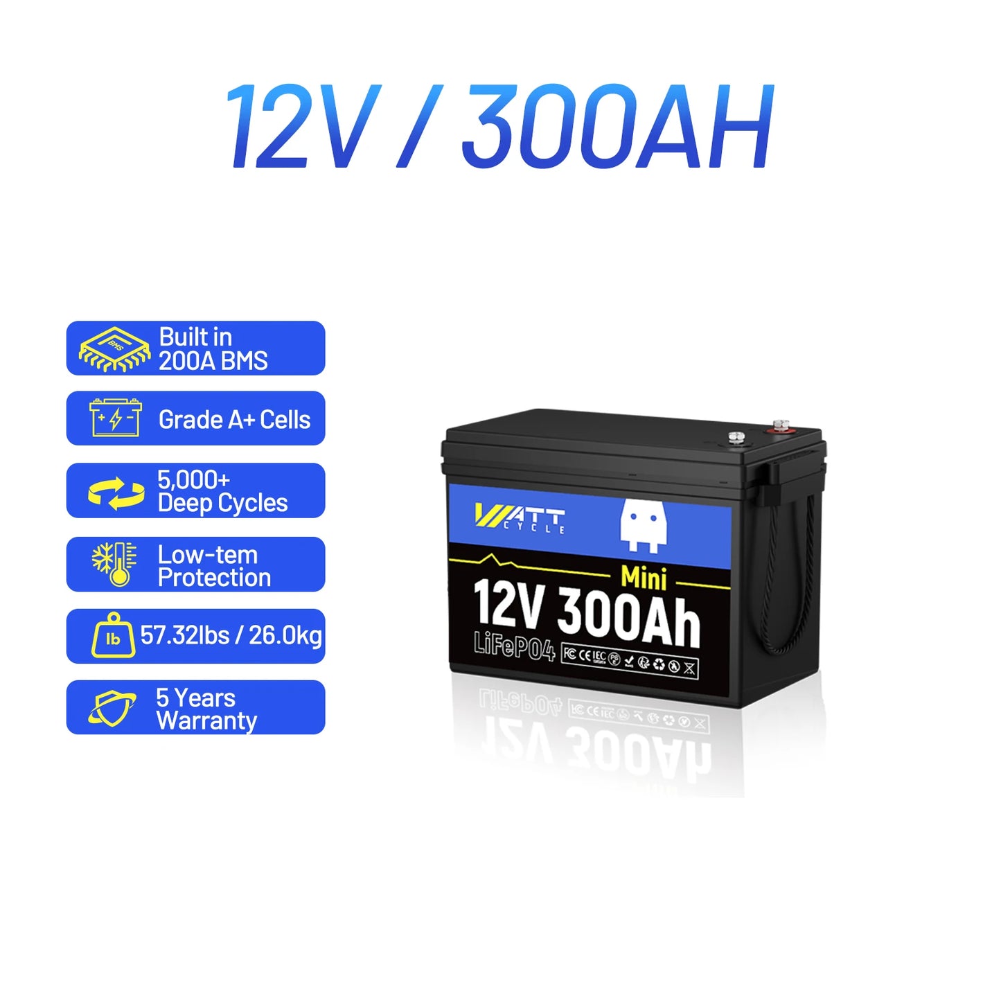 Wattcycle LiFePO4 Battery Packs 12V 100Ah / 200Ah / 300Ah Lithium Iron Phosphate For RV Car Campers Solar Golf Carts Marine, etc