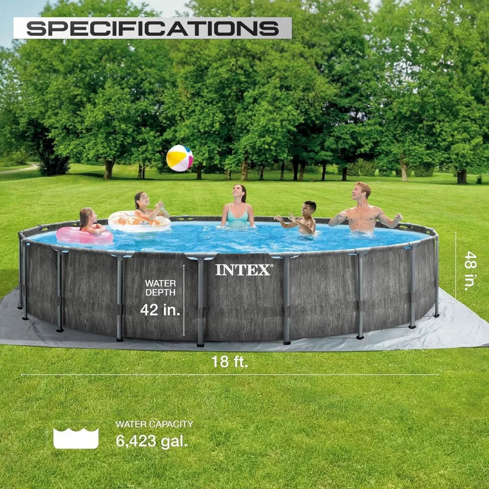 Frame Round Above Ground Outdoor Swimming Pool Set with Filter Pump, Ladder, Ground Cloth, and Pool Cover, Greywood