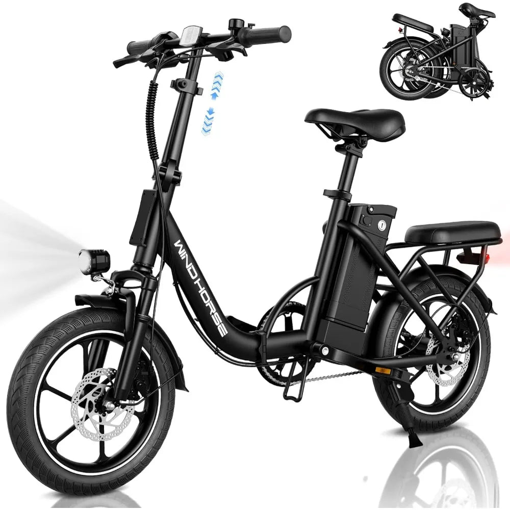 Adult e-bike, folding e-bike, dual disc brakes, 35 miles of range, suspension, removable battery, Commuter e-bike