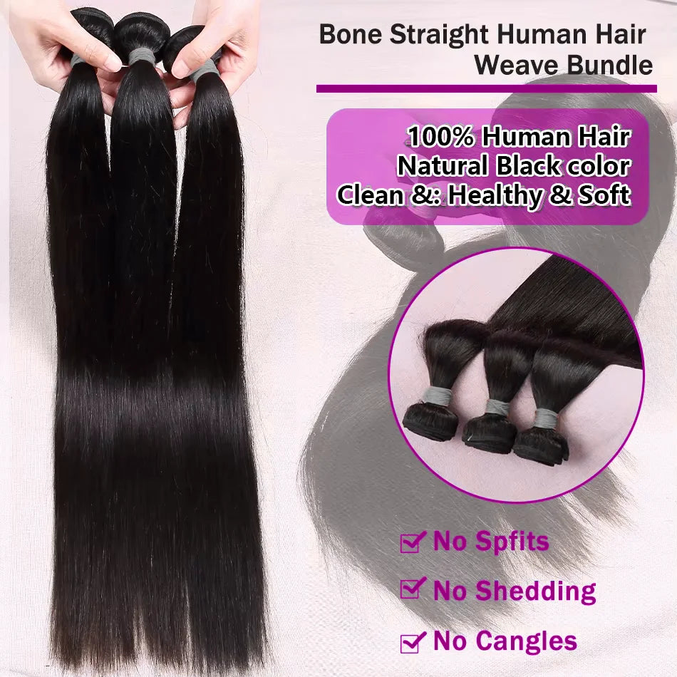 16A 30 40 Inch Bone Straight Human Hair Weave Bundle, 2 3 4 5 Bundles Raw Virgin Human Hair