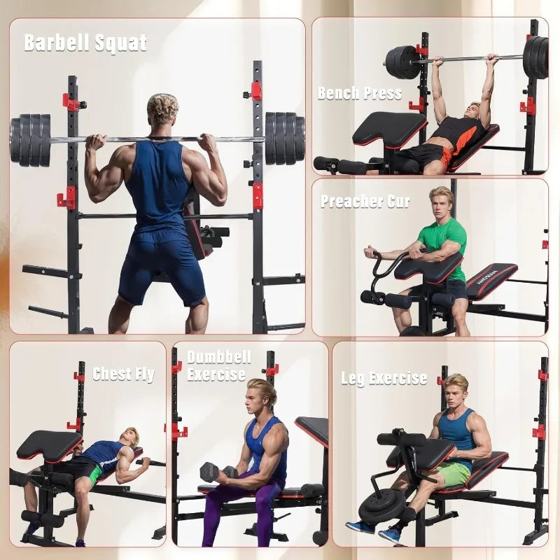 6 in 1 , 1500 lb Weight Bench, leg Extension, Leg Curl, Foldable Bench Press, with Preacher Curl & Squat Rack