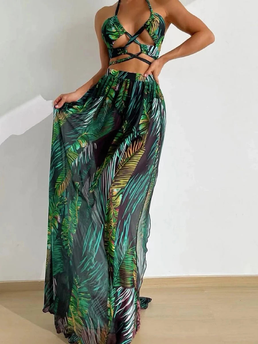 Womens Sexy 3 Piece Swimsuit and Beach Dress, Halter Cross Bikini Hollow, Padded Swimsuit