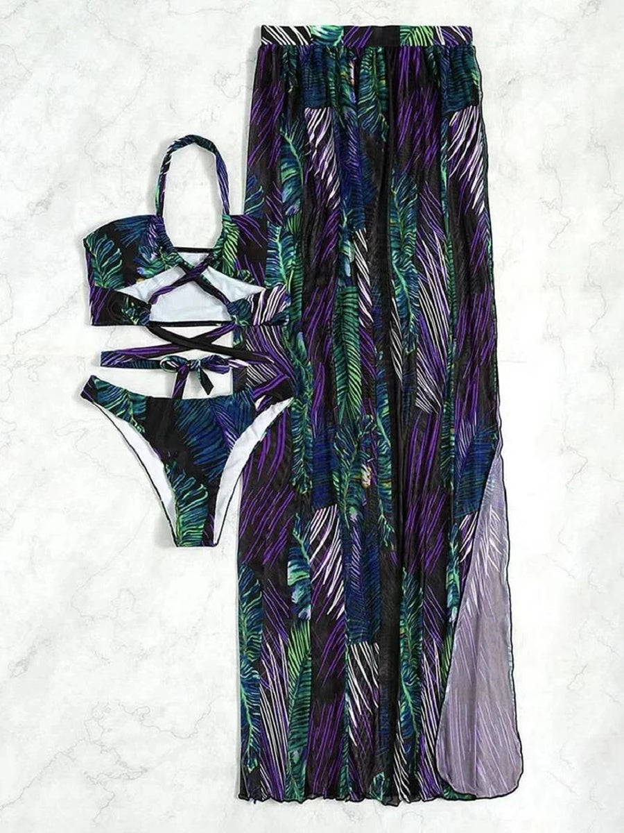 Womens Sexy 3 Piece Swimsuit and Beach Dress, Halter Cross Bikini Hollow, Padded Swimsuit