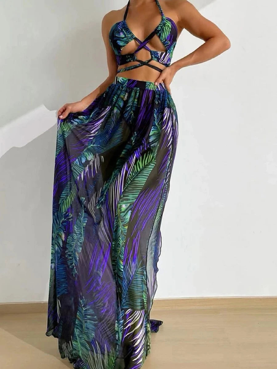 Womens Sexy 3 Piece Swimsuit and Beach Dress, Halter Cross Bikini Hollow, Padded Swimsuit