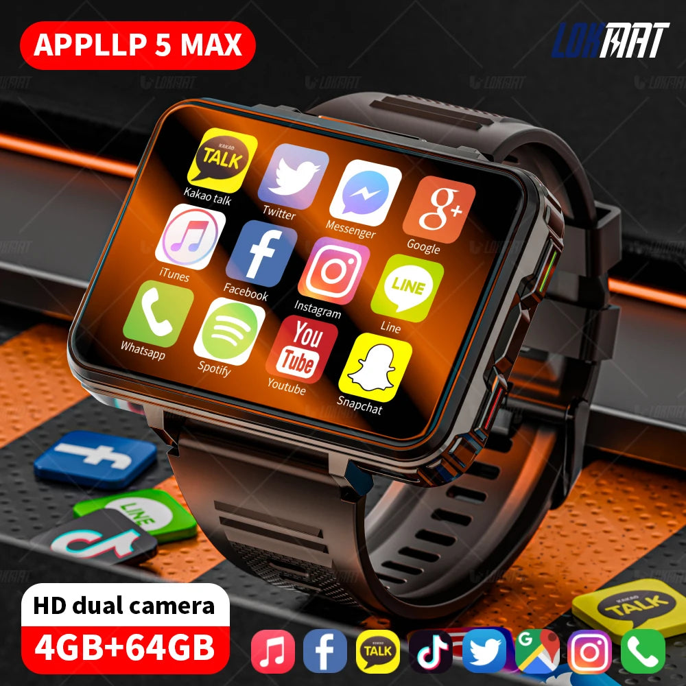 5 MAX Android Watch Phone, Square Big Screen, Wifi, 4G Calls Smartwatch, Dual Camera with Flashlight Gaming Watch
