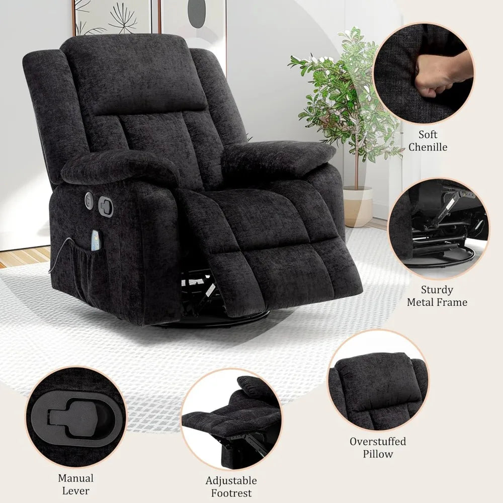 Adult, Elderly Care, Massage and Electric Heating, Swivel Recliner Chair with USB Ports