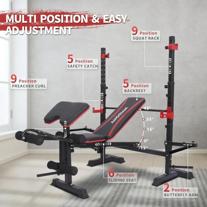 6 in 1 , 1500 lb Weight Bench, leg Extension, Leg Curl, Foldable Bench Press, with Preacher Curl & Squat Rack