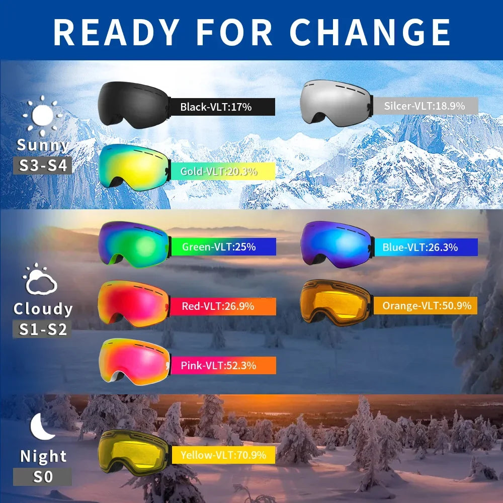 Mens Womens Snowboard Goggles, Big Face Protection, Anti-fog, Skiing Glasses