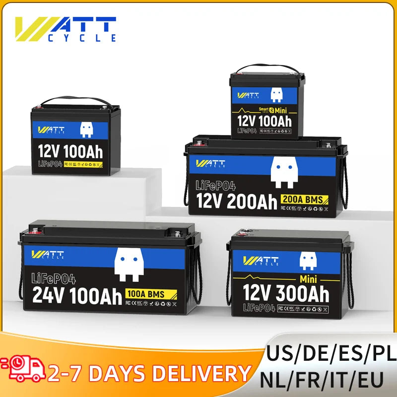 Wattcycle LiFePO4 Battery Packs 12V 100Ah / 200Ah / 300Ah Lithium Iron Phosphate For RV Car Campers Solar Golf Carts Marine, etc