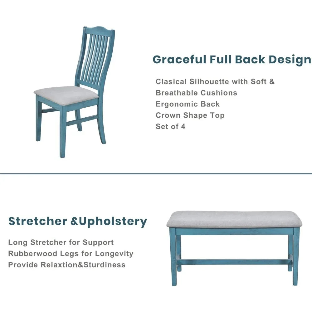 6 Pc Solid Wood FarmHouse Dining , Bench Chairs w/Drawers, upholstered Seating.