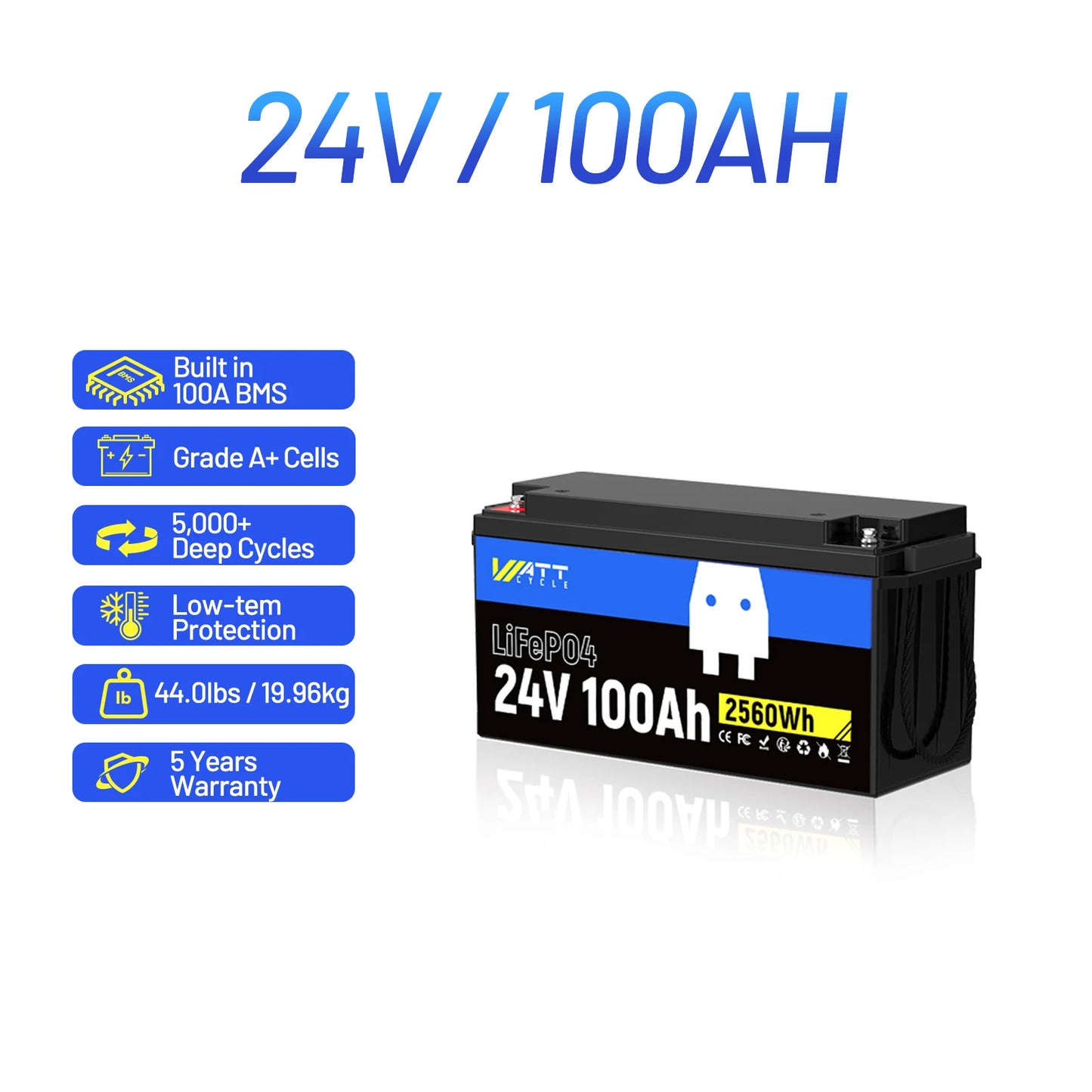 Wattcycle LiFePO4 Battery Packs 12V 100Ah / 200Ah / 300Ah Lithium Iron Phosphate For RV Car Campers Solar Golf Carts Marine, etc
