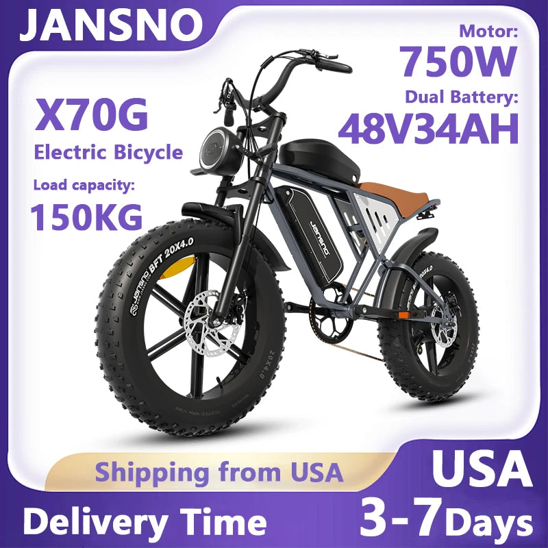 Electric Mountain Bike, 750W Motor, 48V 34AH Dual Battery, 4 inch Fat Tire