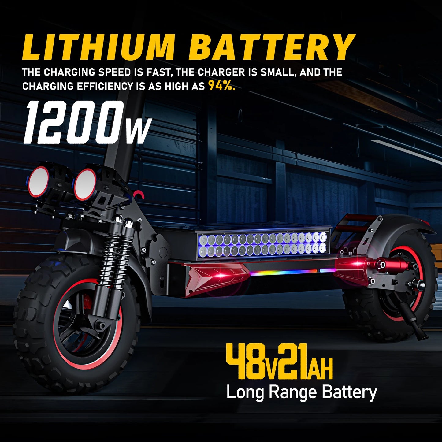 Foldable 1200W Off Road Electric Scooter, 48V 21AH Battery, Max Speed 30 mph, Range 35 Miles