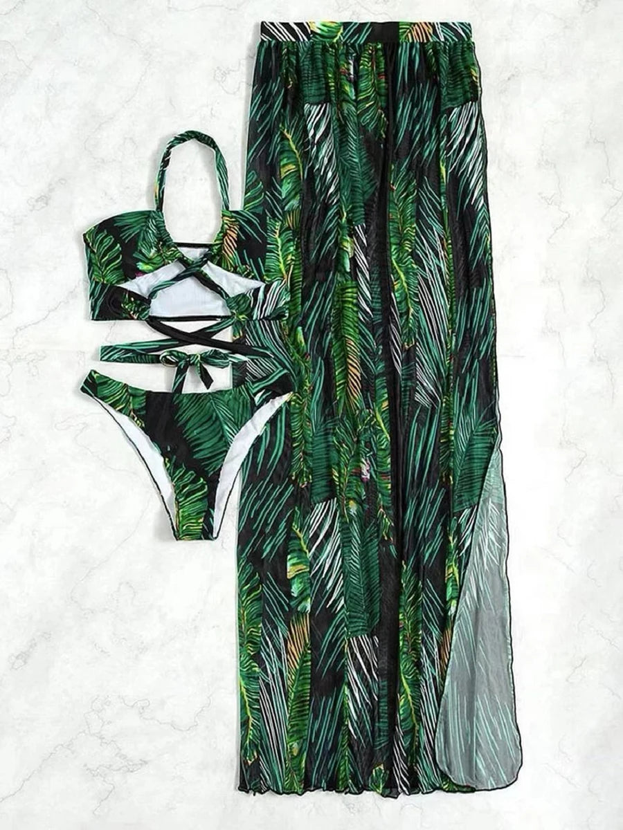 Womens Sexy 3 Piece Swimsuit and  Beach Dress, Halter Cross Bikini Hollow, Padded Swimsuit
