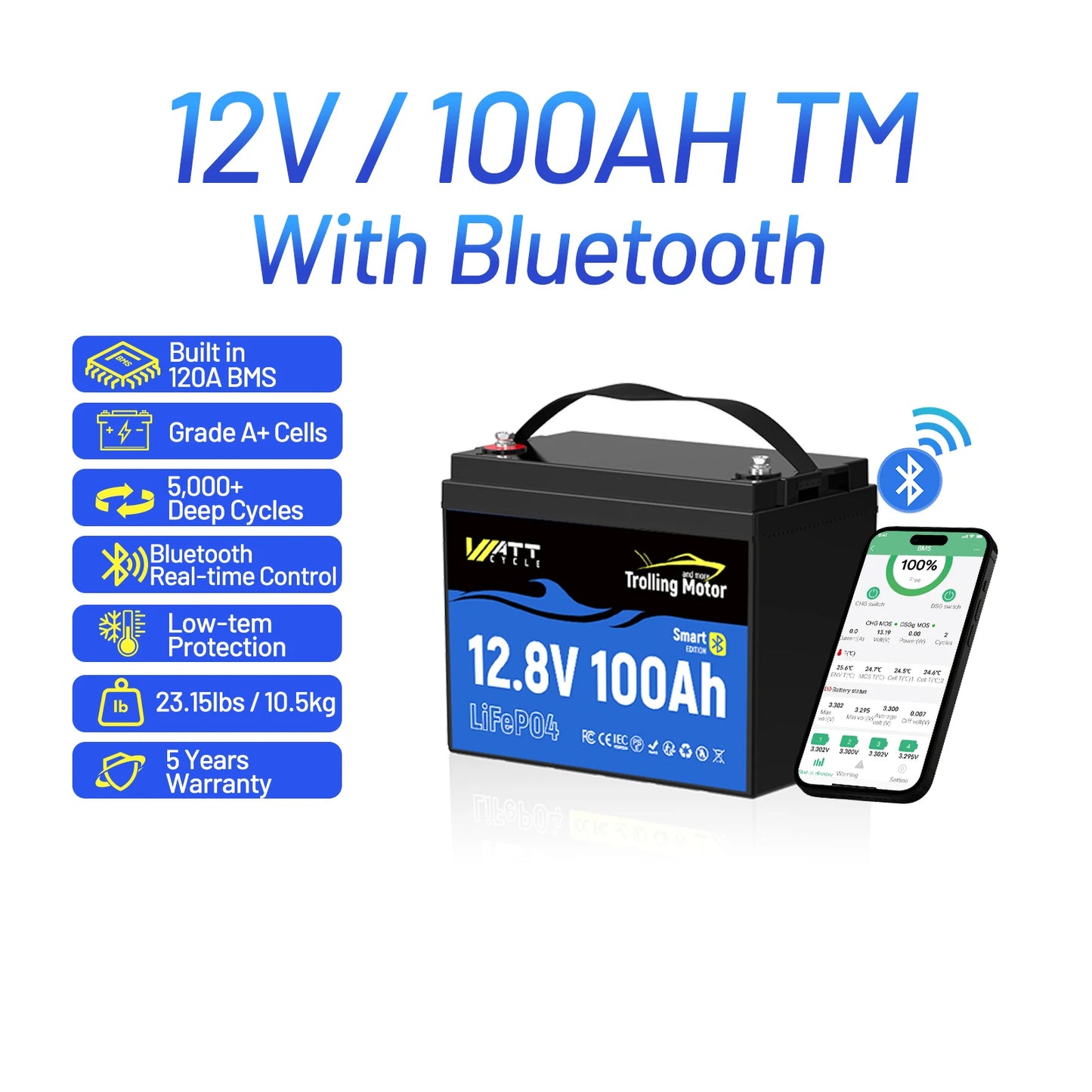 Wattcycle LiFePO4 Battery Packs 12V 100Ah / 200Ah / 300Ah Lithium Iron Phosphate For RV Car Campers Solar Golf Carts Marine, etc