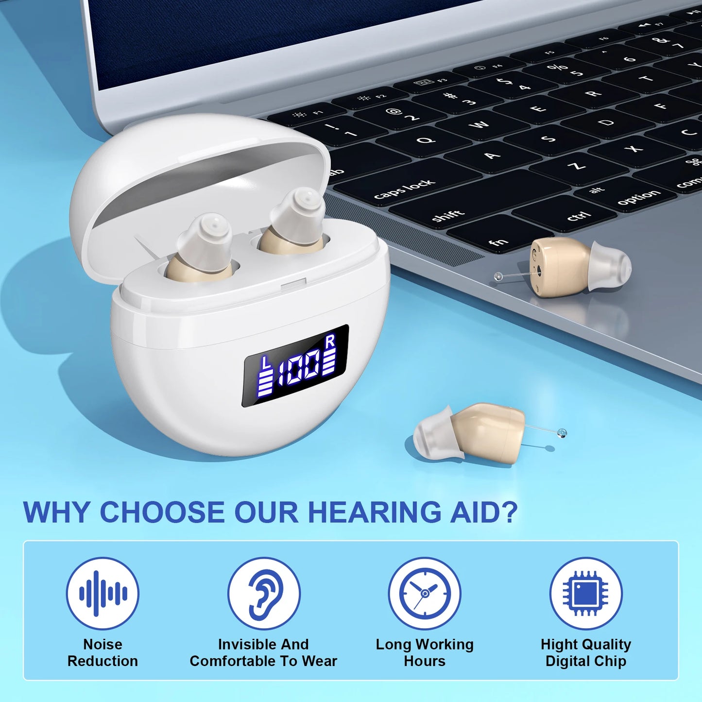 Mini Hearing Hearing Aids, Invisible, Adjustable Volume, Rechargeable Display