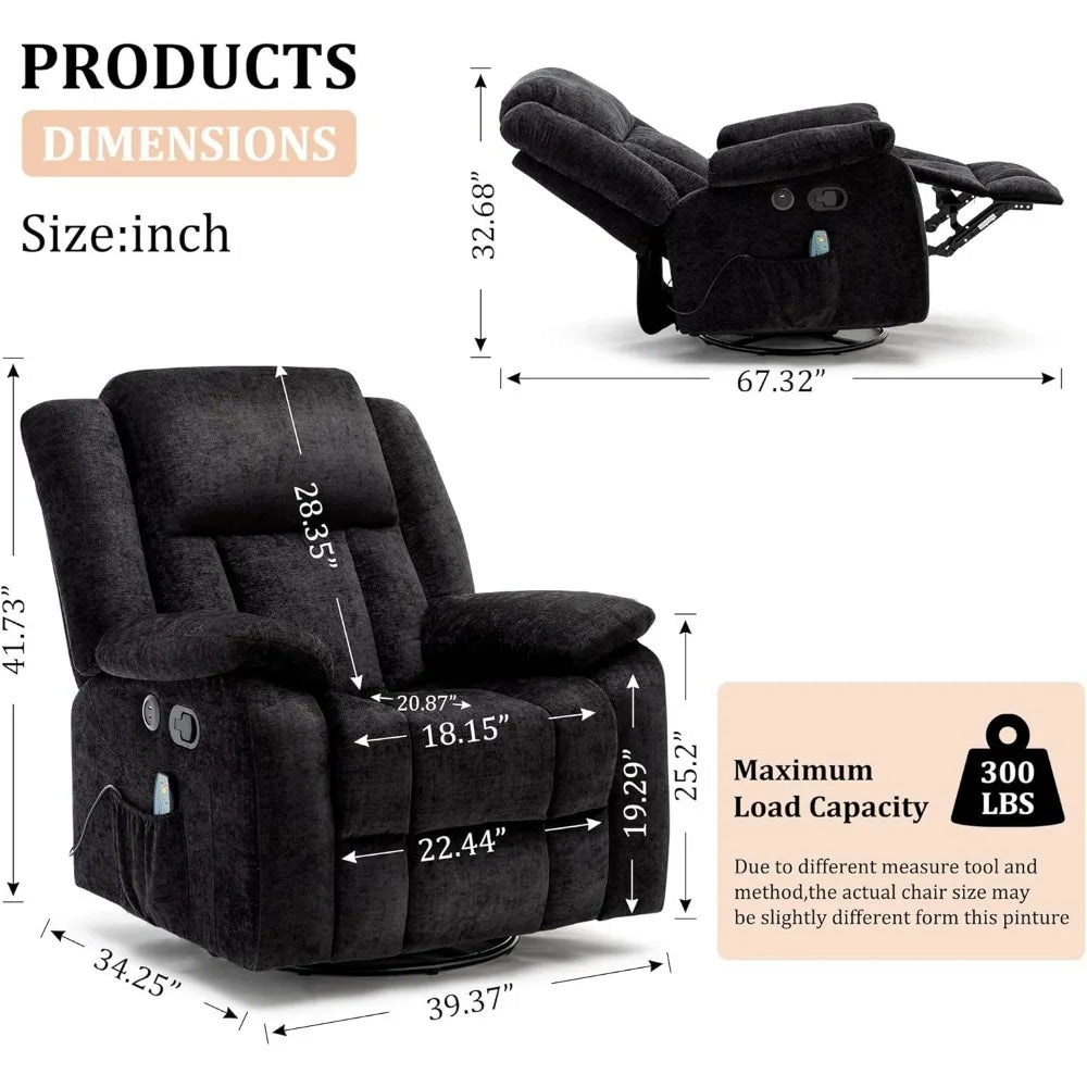 Adult, Elderly Care, Massage and  Electric Heating, Swivel Recliner Chair with USB Ports