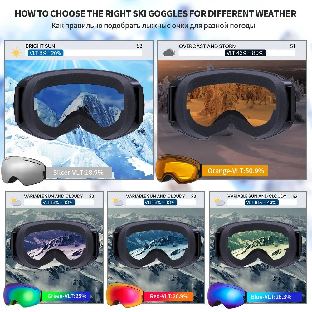 Mens Womens Snowboard Goggles, Big Face Protection, Anti-fog, Skiing Glasses
