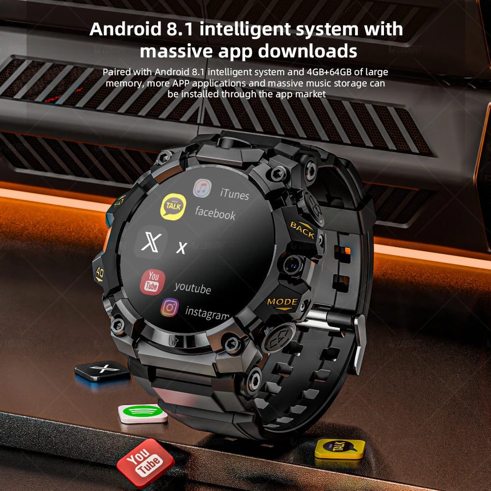 New Rugged Sport Android Smart Watch, Dual Camera,  Video Calls  Wifi, Fitness, 4G Watch Amoled Round Screen