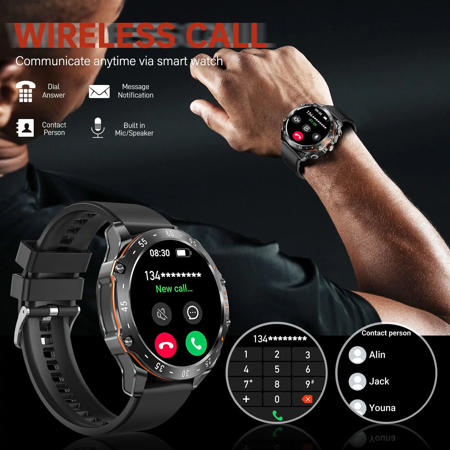 New Mens Smart Watch with Earbuds Inside, with 100+ Sport Modes, Sport Records, Waterproof with iPhone and Android