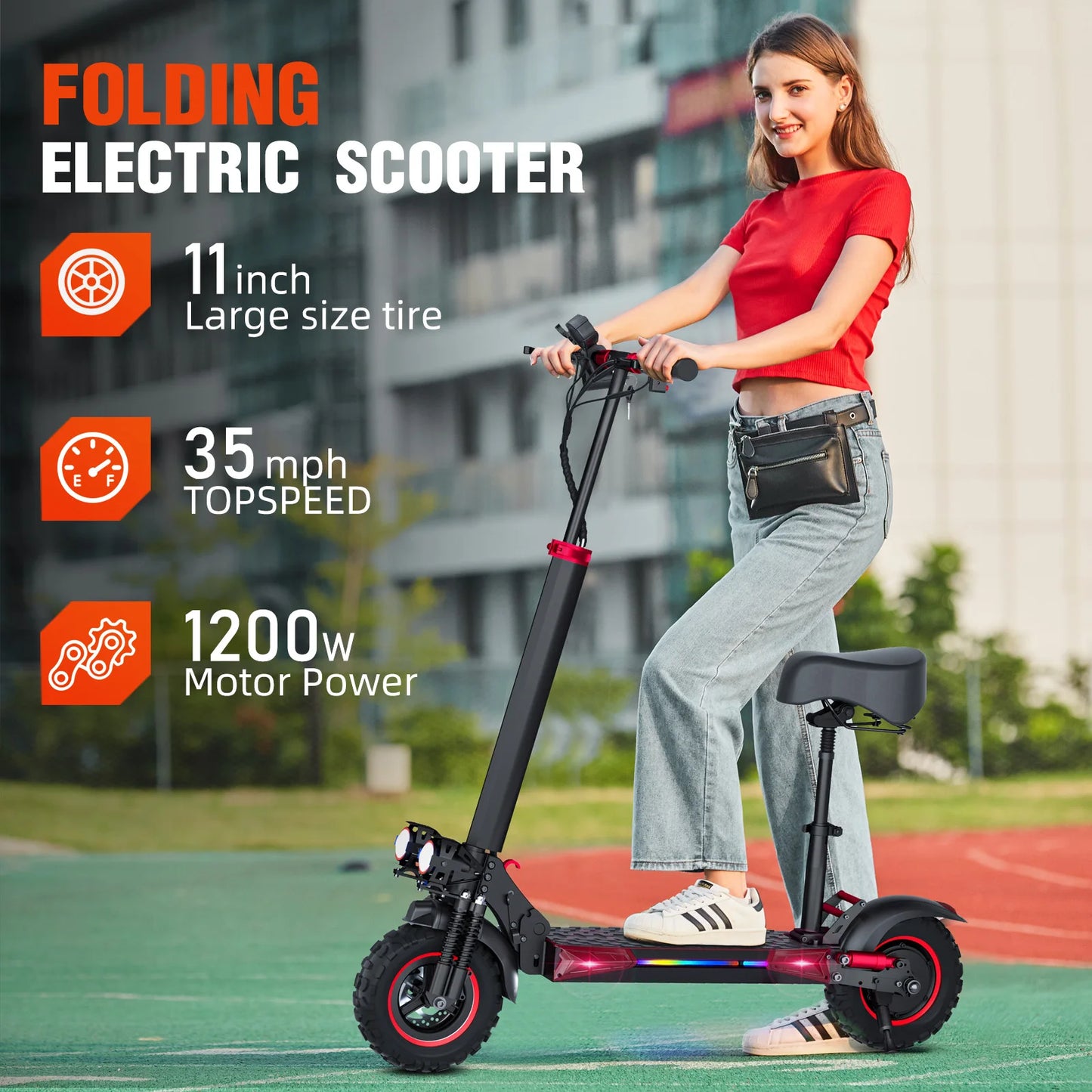 1200W, 11' Off Road Tires, 33 Mile Range, 48V 21AH Battery Adult Electric Scooter with Seat