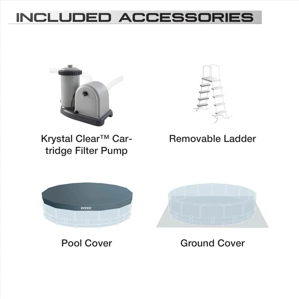 Frame Round Above Ground Outdoor Swimming Pool Set with Filter Pump, Ladder, Ground Cloth, and Pool Cover, Greywood