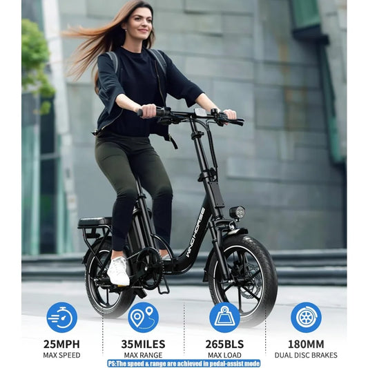 Adult e-bike, folding e-bike, dual disc brakes, 35 miles of range, suspension, removable battery, Commuter e-bike