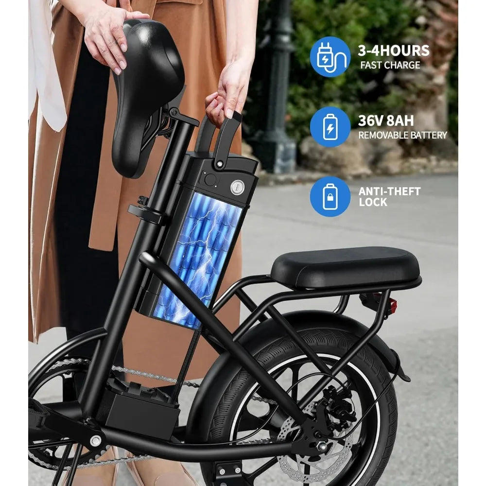 Adult e-bike, folding e-bike, dual disc brakes, 35 miles of range, suspension, removable battery, Commuter e-bike