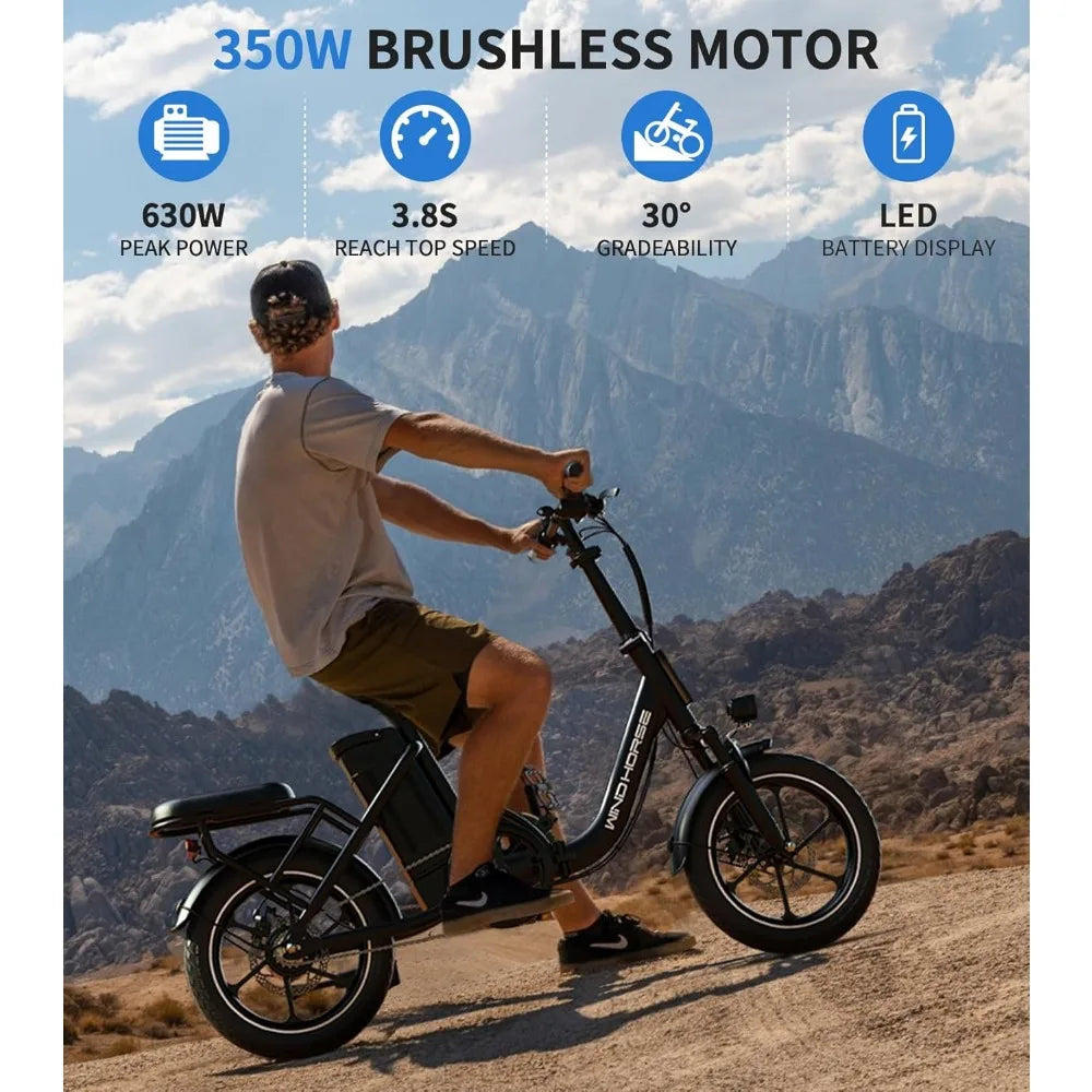 Adult e-bike, folding e-bike, dual disc brakes, 35 miles of range, suspension, removable battery, Commuter e-bike