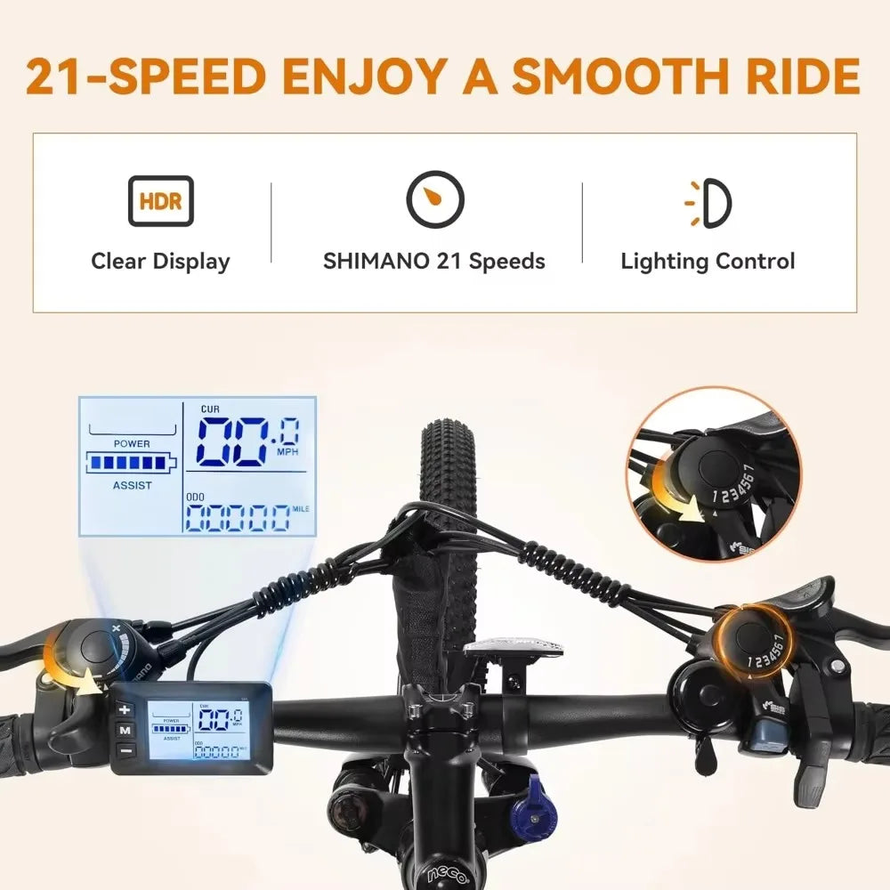 Adults, 26" Electric Mountain Bike, with Peak 750W Motor, 22 mph Top Speed, 21-Speed Lightweight