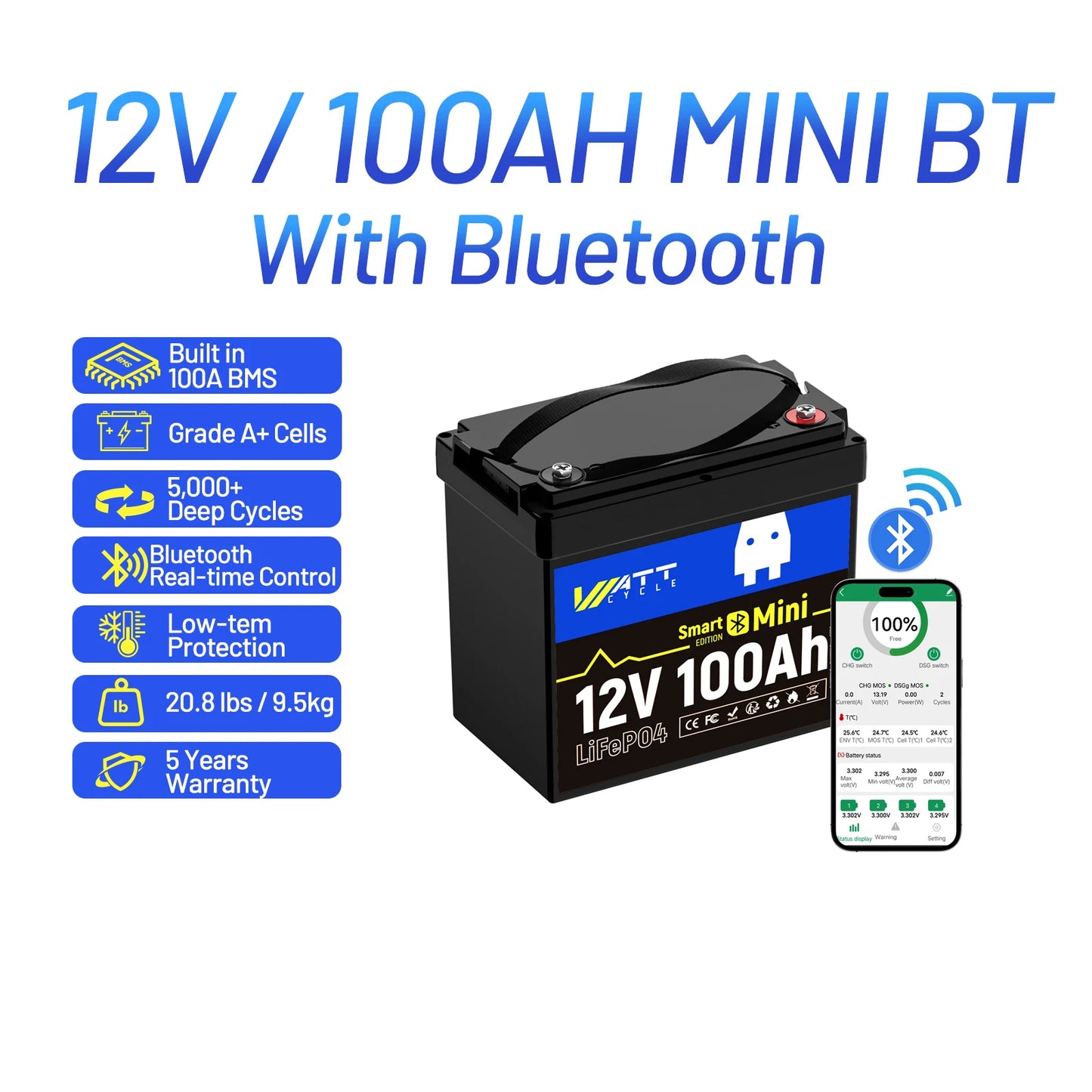 Wattcycle LiFePO4 Battery Packs 12V 100Ah / 200Ah / 300Ah Lithium Iron Phosphate For RV Car Campers Solar Golf Carts Marine, etc