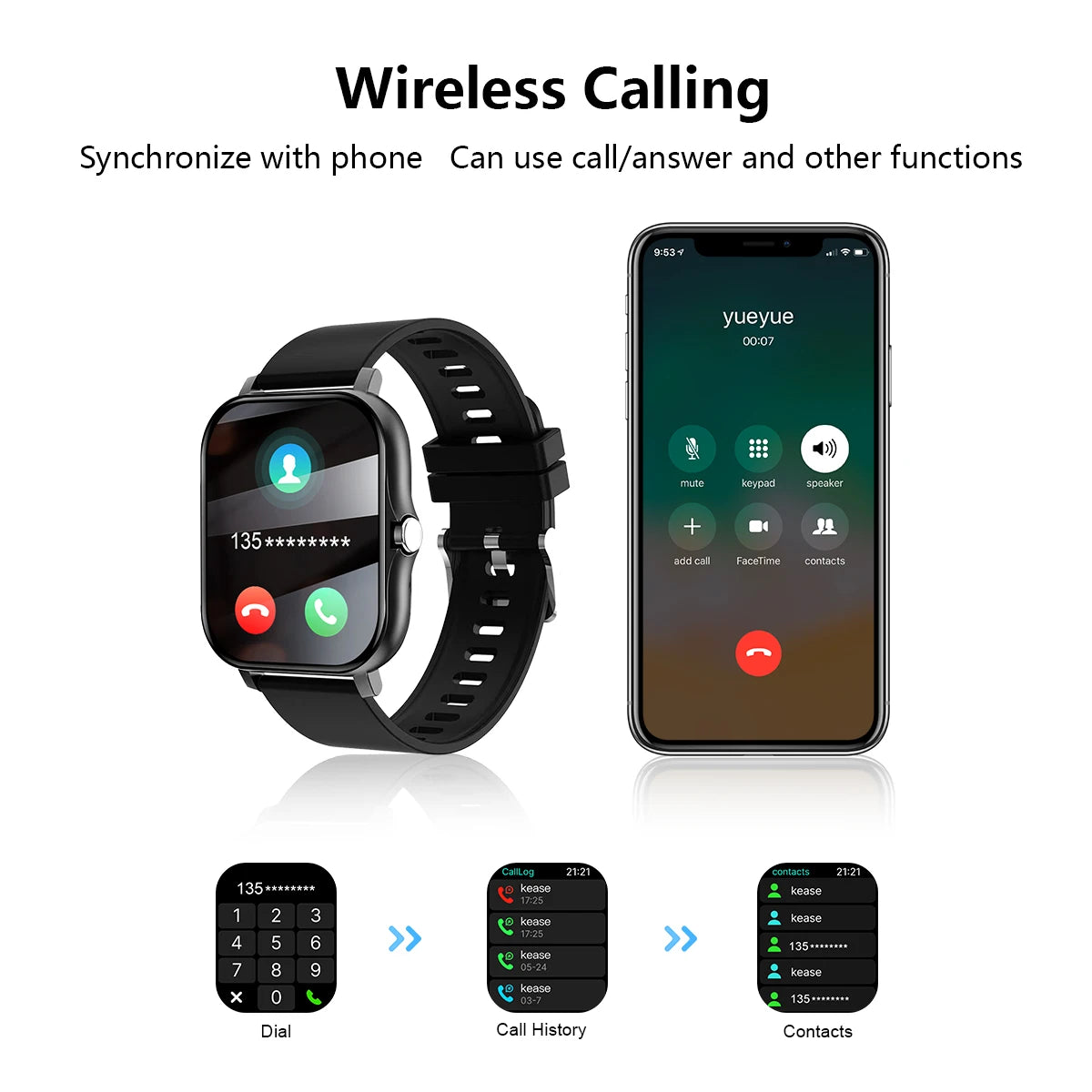 IPhone and Android,Wireless Smart Watch, Call Reminder, Call?Dial Sports Mode,With Rejection Fitness Reminder