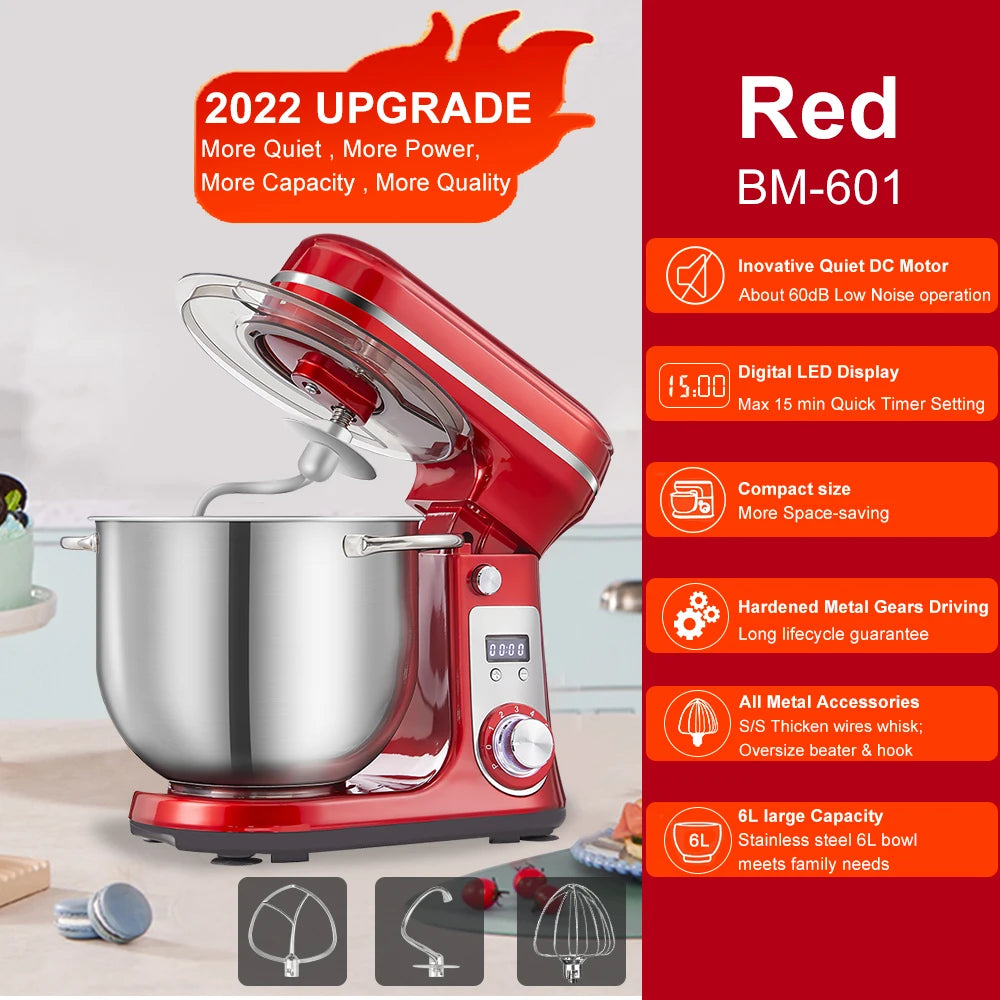 1200w, 6L Kitchen Food Stand Mixer, Blender, Quiet Motor, Cream Egg Whisk, Whip Dough Kneader, 6-Speed, 1200 W, 6 L, DC