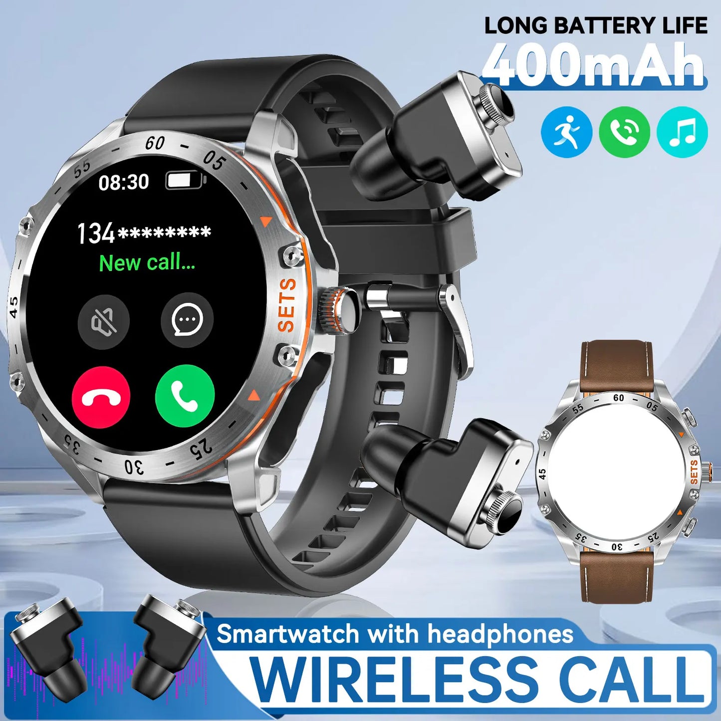 New Mens Smart Watch with Earbuds Inside, with 100+ Sport Modes, Sport Records, Waterproof with iPhone and Android