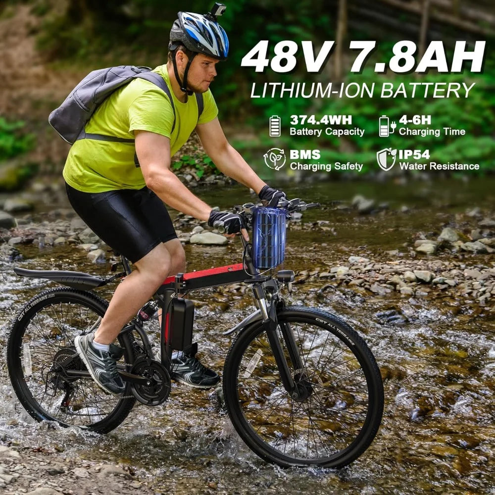 Adult E-Bike Peak 750W Motor, 48V Removable Battery, Up to 20+MPH, range 50 Miles, Dual Hydraulic Suspension