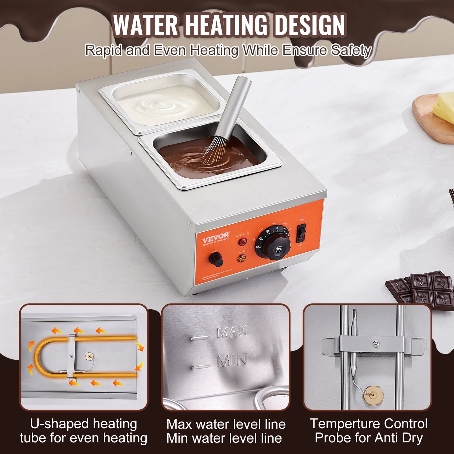 2 Tanks Electric Chocolate Tempering Machine,  Chocolate Cascade Melting Pot, for Kitchen