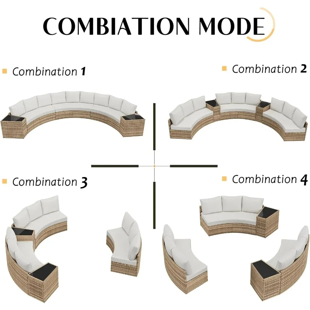 11 Piece Half-Moon Sectional Round Patio Furniture Set Large Storage Wedge Table Wicker Sofa Set