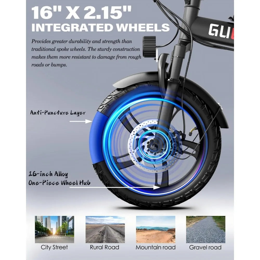 E-bike for adults, maximum 45/60 mile PAS range and 28/32MPH EBike, 16-inch folding e-bike 500W removable battery