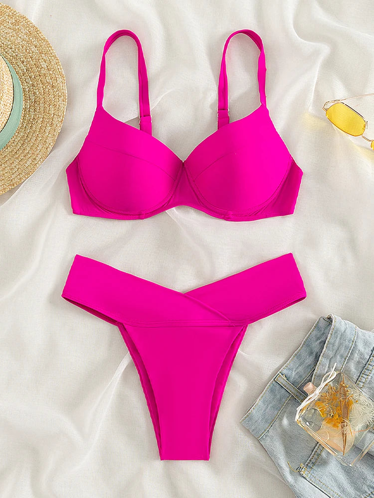Women's Sexy Pink Strap, High Waist, Cup Push Up, Backless, Beach Bathing Suit