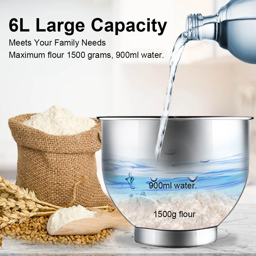 1200w, 6L Kitchen Food Stand Mixer, Blender, Quiet Motor, Cream Egg Whisk, Whip Dough Kneader, 6-Speed, 1200 W, 6 L, DC