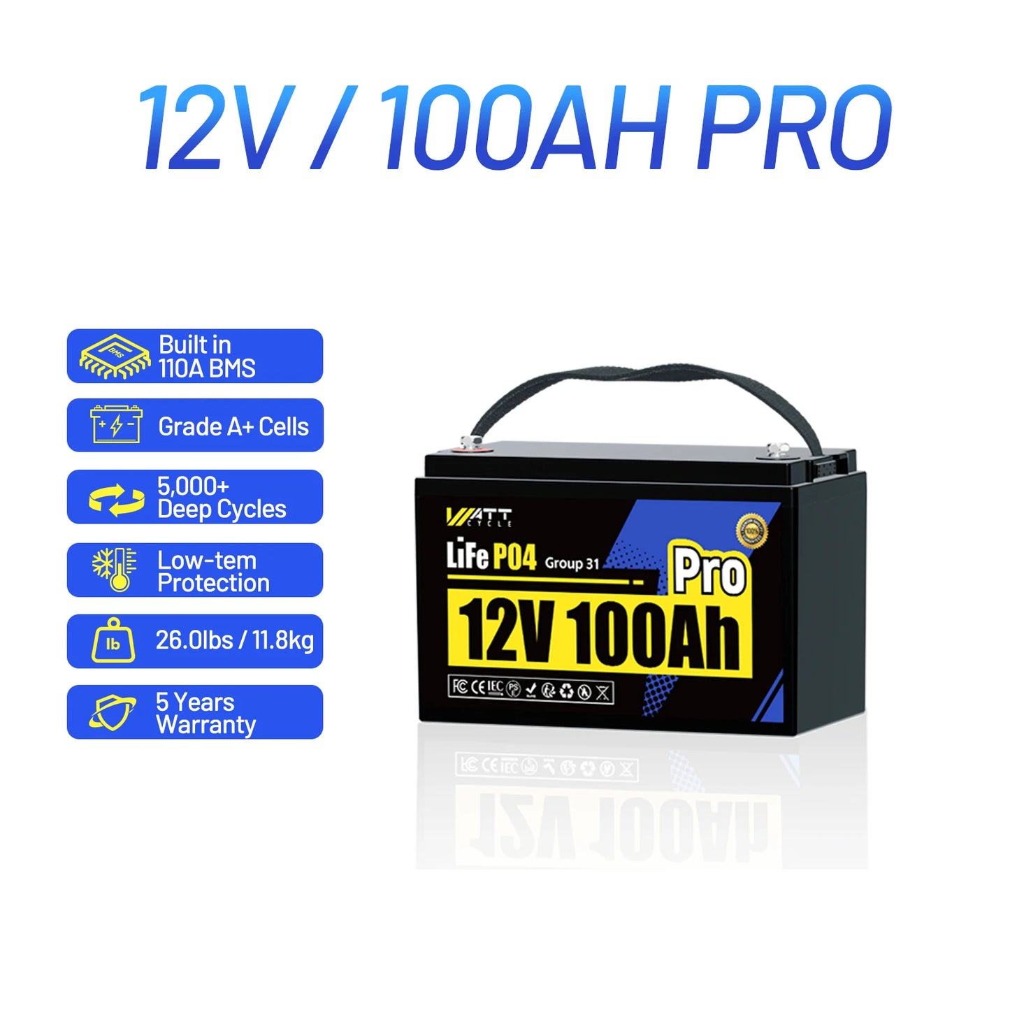 Wattcycle LiFePO4 Battery Packs 12V 100Ah / 200Ah / 300Ah Lithium Iron Phosphate For RV Car Campers Solar Golf Carts Marine, etc