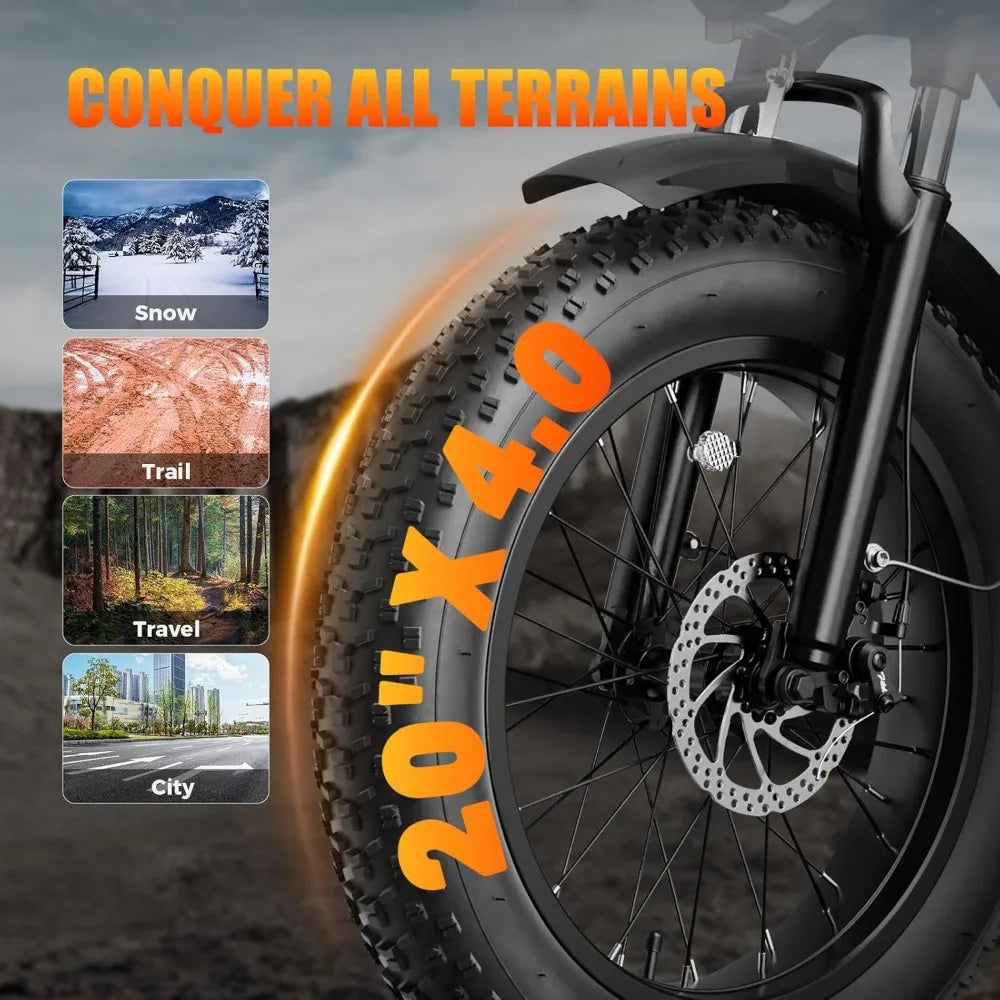 Adult Electric Bike, 1200W Peak Upgrade Motor, Full Suspension, All Terrain, 26" Fat Tires, Certified